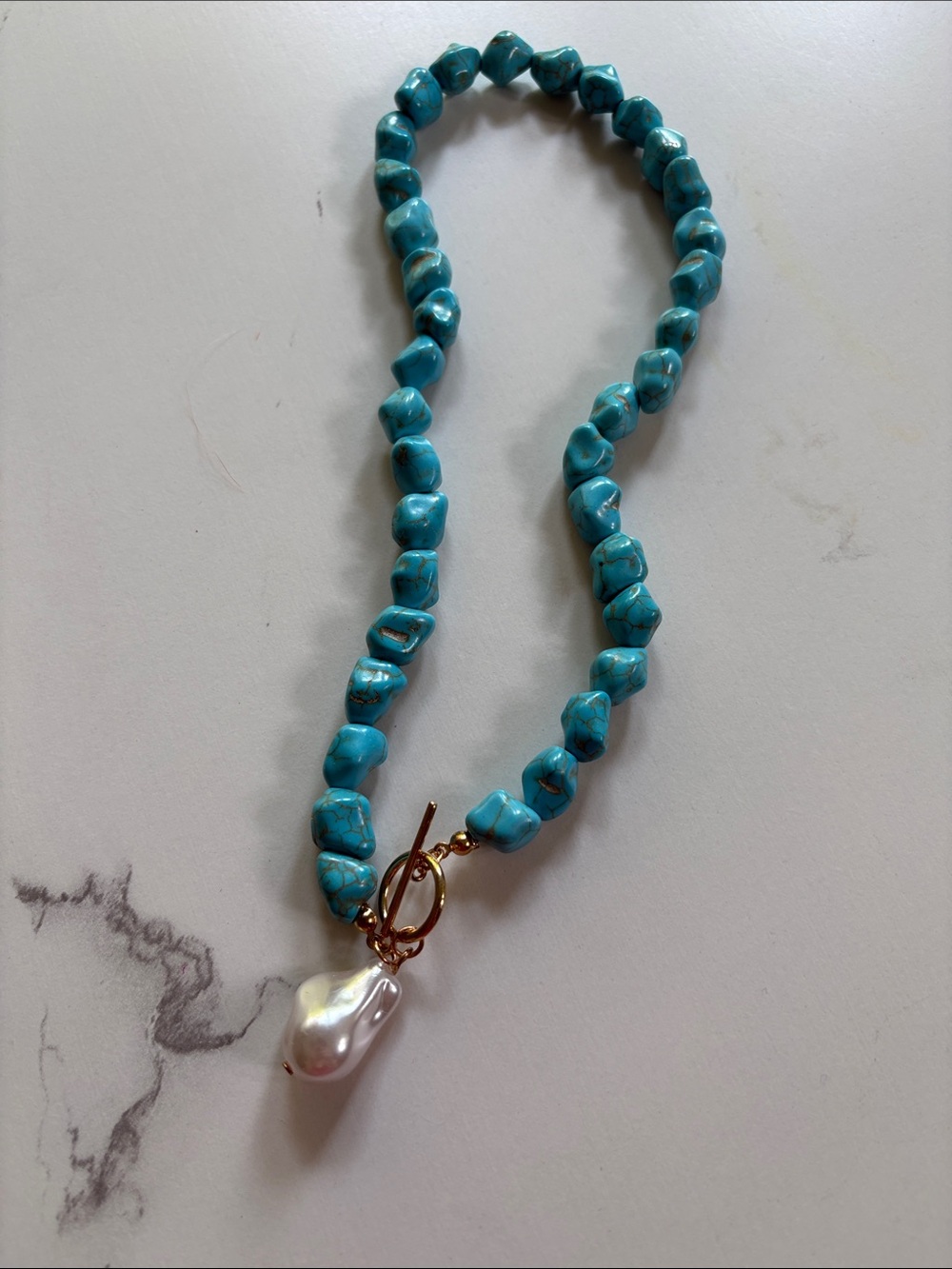 Turquoise Chip Bead Necklace with Baroque Pearl Pendant